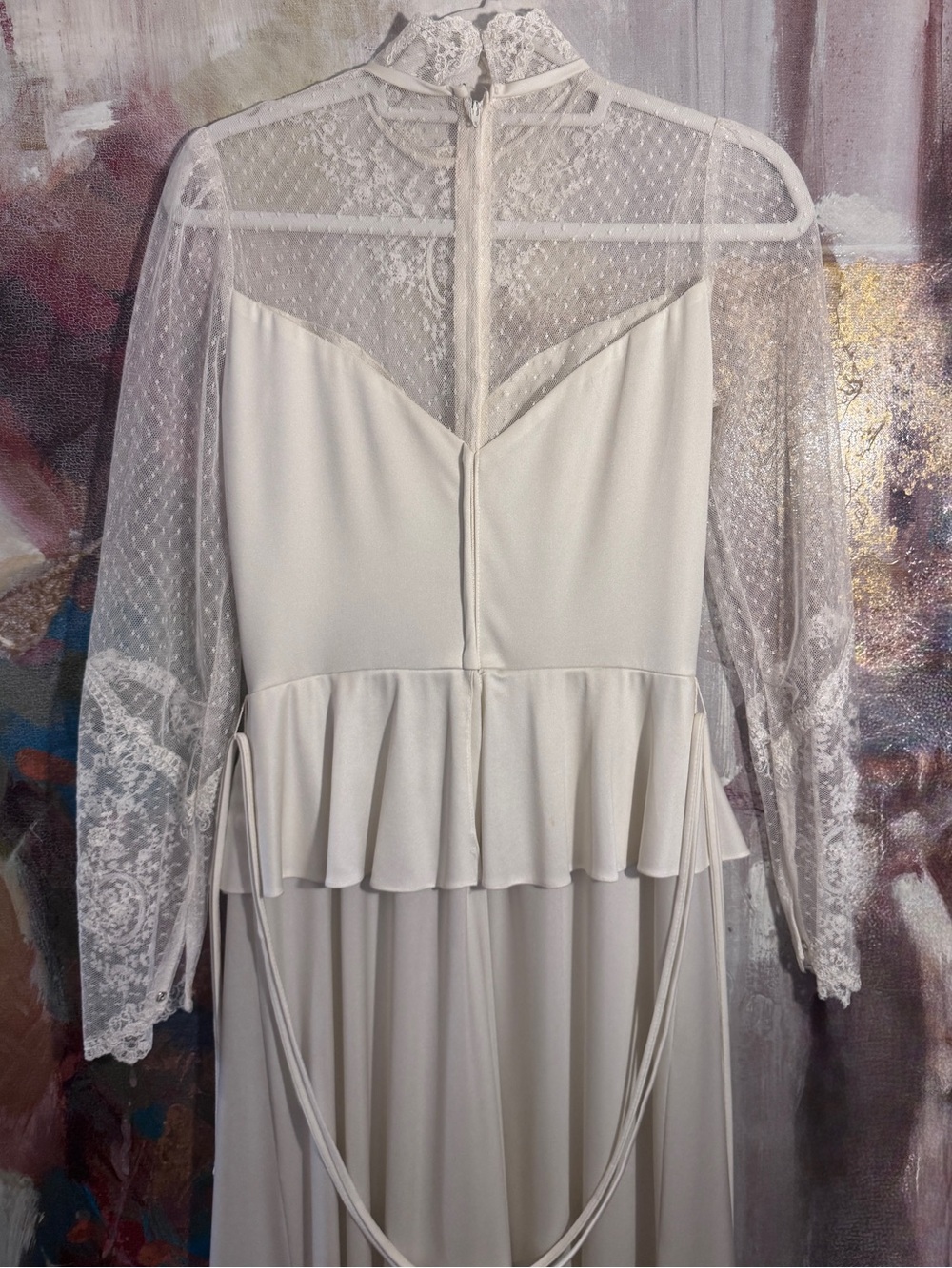 1980 HAND SEWN VTG French Lace Sleeved • Full Length Silk Wedding Dress • SMALL - Picture 3 of 16